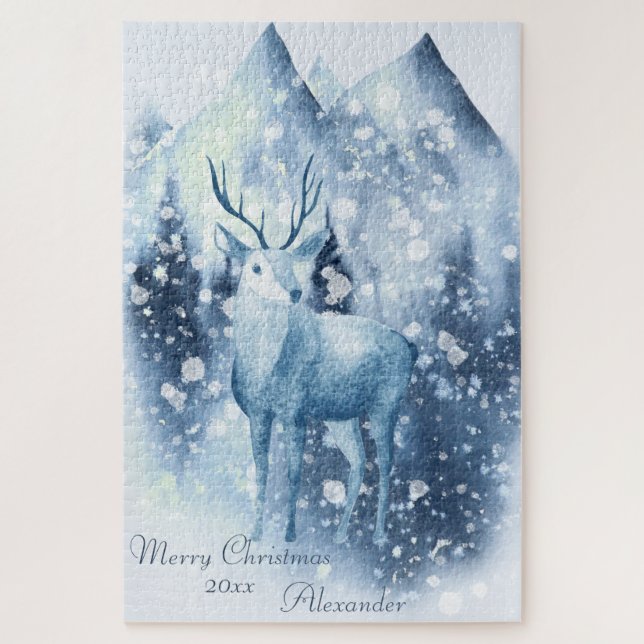 Winter Deer Snowy Mountain Weihnachten Puzzle (Vertikal)