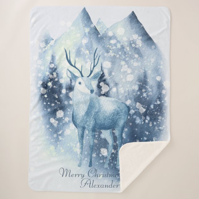 Winter Deer Snowy Mountain Weihnachten Sherpadecke (Vorderseite)