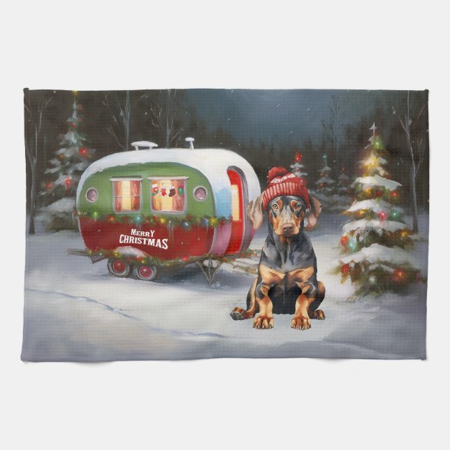 Winter Doberman Caravan Weihnachtsabenteuer Geschirrtuch (Horizontal)