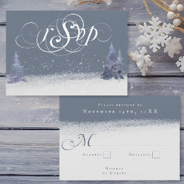 Winter Dusty Blue and White Woodland Wedding RSVP Karte