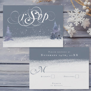 Winter Dusty Blue and White Woodland Wedding RSVP Karte