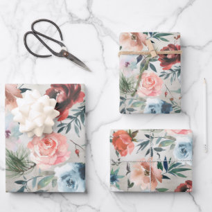 Winter Dusty Blue & Pink Roses Pine & Rose Angesag Geschenkpapier Set