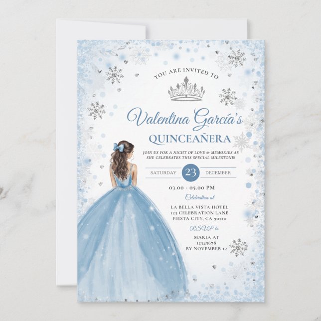 Winter Dusty Blue Quinceañera 15 Anos Snowflakes Einladung (Vorderseite)
