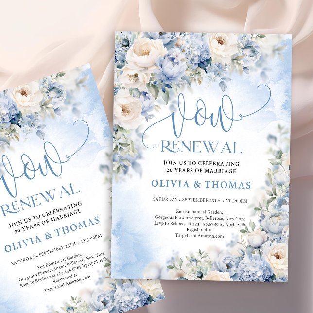 Winter Dusty Blue und Elfenbein Blume versprechen  Einladung (Chic watercolor dusty blue and ivory flowers vow renewal invitation)