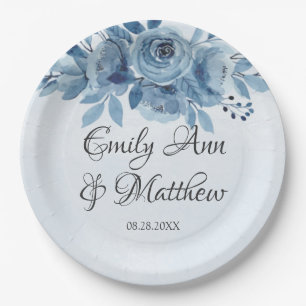 Winter Dusty Blue Watercolor Peony Wedding Pappteller