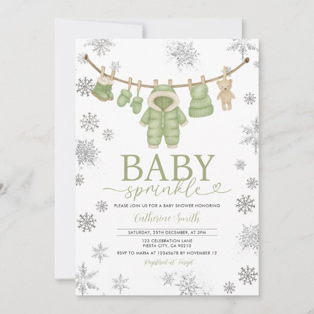 Winter Dusty Green Sprinkle Snowflakes Baby Shower Einladung (Vorderseite)