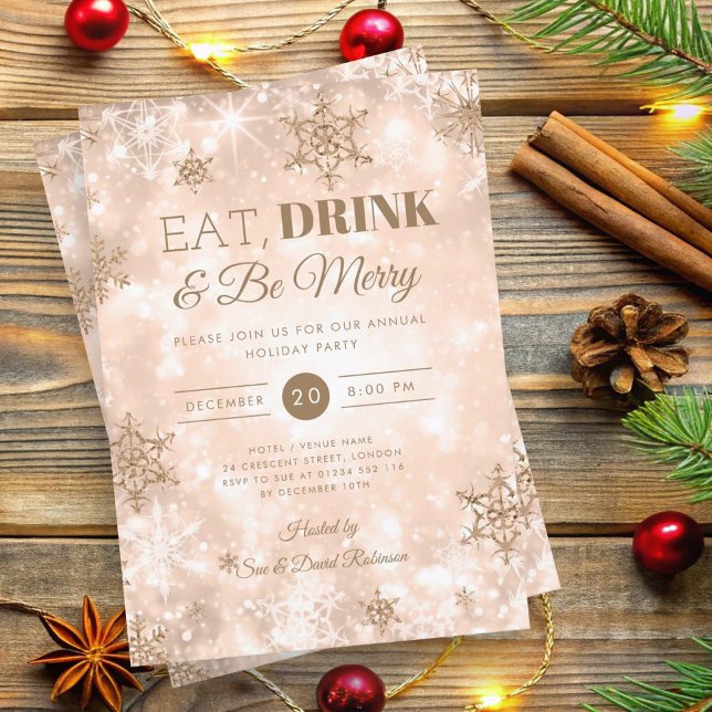 Winter "Eat & Drink" Rose Goldener Weihnachtsfest Einladung (Winter "Eat & Drink" Rose Gold Holiday Christmas Invitation)