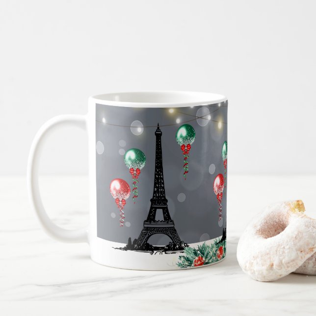 Winter Eiffelturm, Weihnachtsballons Nachtzeit Kaffeetasse (Mit Donut)