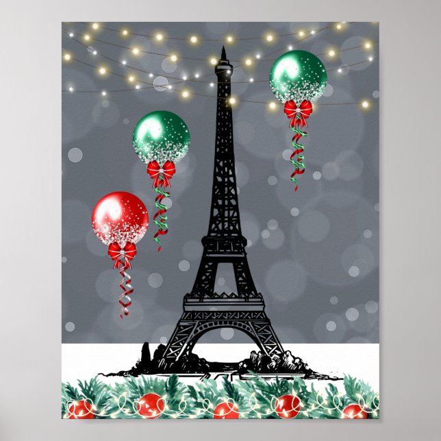 Winter Eiffelturm, Weihnachtsballons Nachtzeit Poster (Vorne)