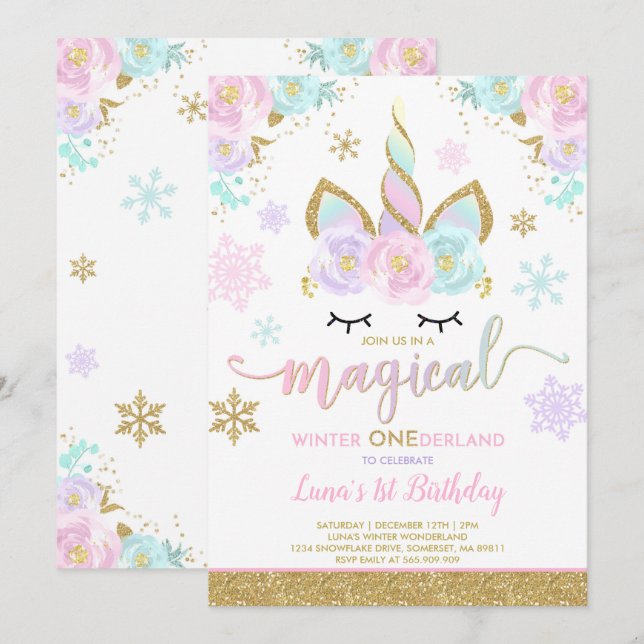 Winter Einhorn Einladung Winter ONEderland Party (Vorne/Hinten)