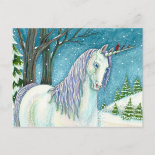 WINTER-EINHORN UND VÖGEL, FRIEDLICHE SCHNEELANDSCH POSTKARTE