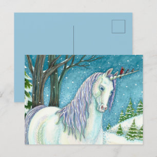 WINTER-EINHORN UND VÖGEL, FRIEDLICHES SCHNEEPFERD POSTKARTE