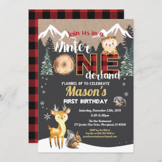 Winter-Einlandwald-Tier zum ersten Geburtstag Einladung