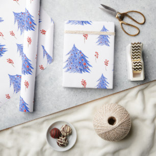 Winter-Eisblaue-Bäume-Stechpalmen-Beeren-Weihnacht Geschenkpapier