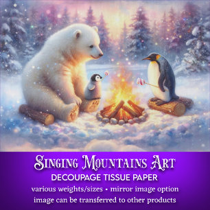 Winter-Eisführer- und Pinguin-Lagerfeuer-Decoupage Seidenpapier