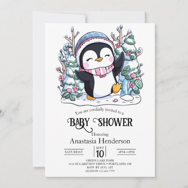 Winter Elegant Pinguin Baby Dusche Einladung (Vorderseite)