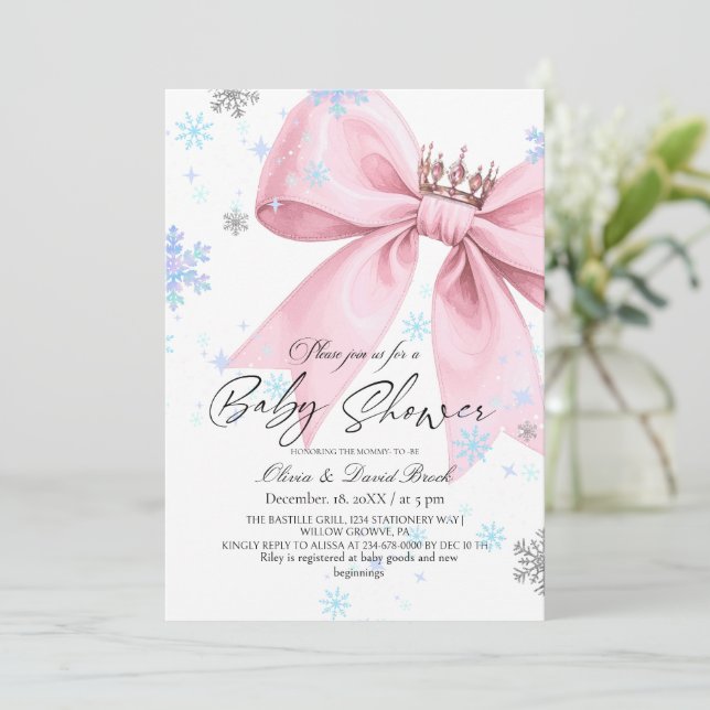 Winter Elegant Pink Bow Baby Shower Einladung (Stehend Vorderseite)