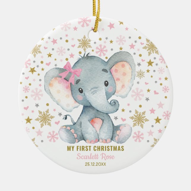Winter Elephant 1. Weihnachtsschneeflocke Baby Gir Keramik Ornament (Vorne)