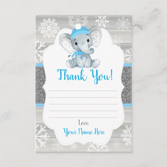 Winter Elephant Blue Boy Danke Card, rustikal Begleitkarte (Vorderseite)
