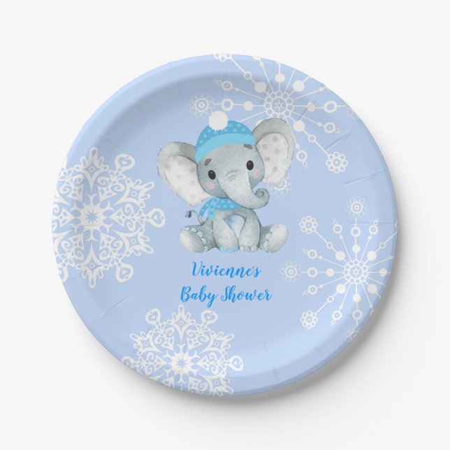 Winter Elephant Blue Plate Baby Dusche, Geburtstag Pappteller (Vorderseite)