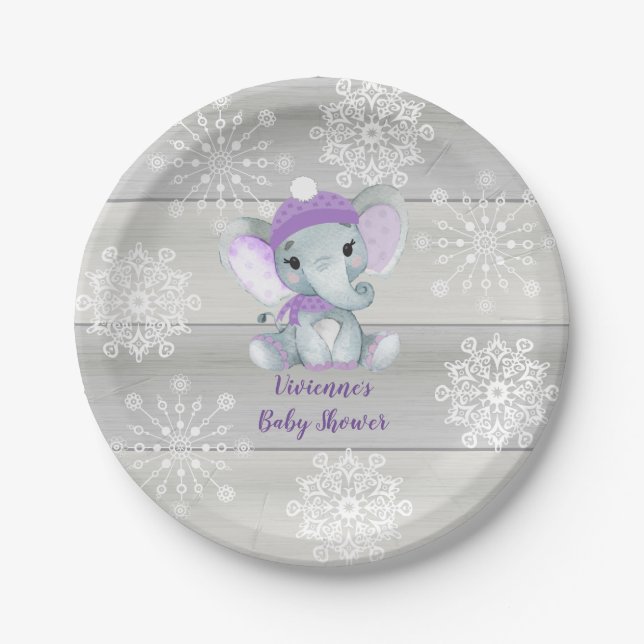 Winter Elephant lila Plate Baby Dusche, Geburtstag Pappteller (Vorderseite)