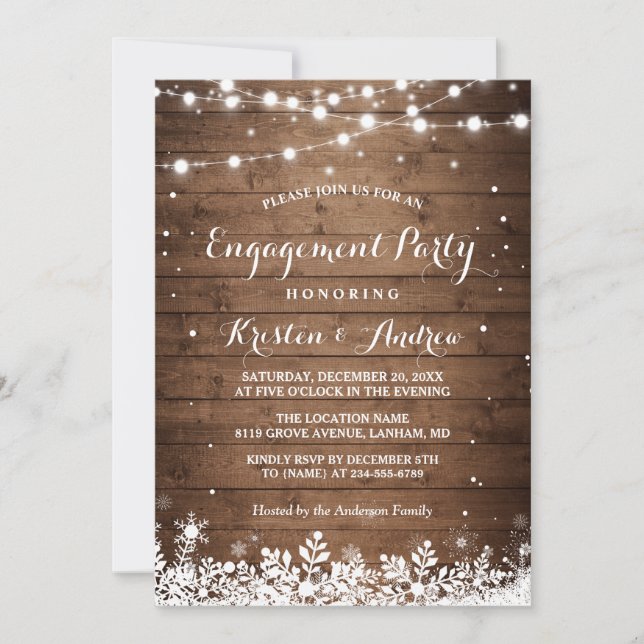 Winter Engagement Party Snowflakes String Lights Einladung (Vorderseite)