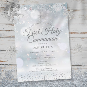 Winter Erste Heilige Kommunion Silver Confetti Einladung