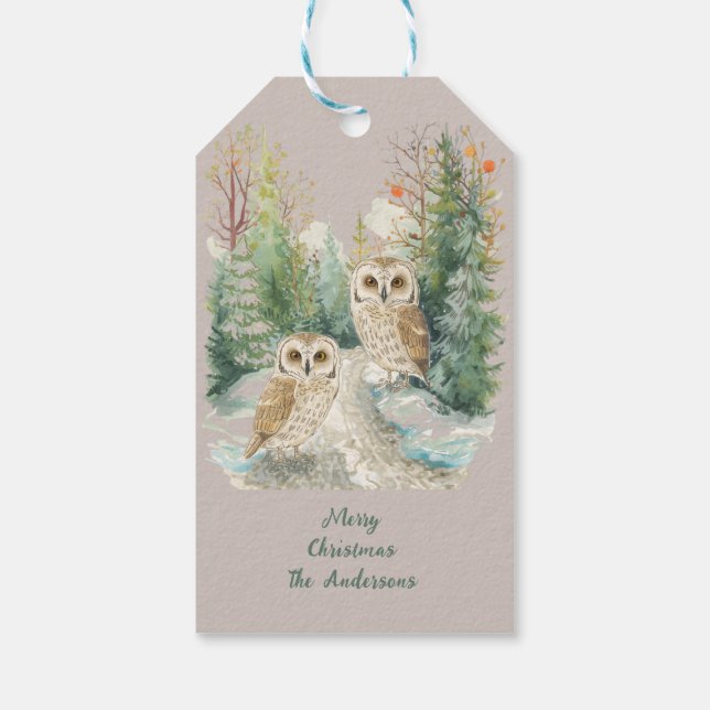 Winter-Eule-Weihnachten-Wald-Kunst Geschenkanhänger (Rückseite)