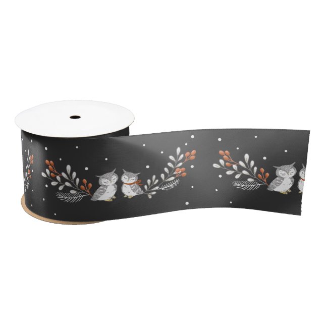 Winter-Eulen-Satin-Band - Schwarzes Satinband (Spule)