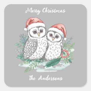Winter-Eulen-Weihnachtssticker – Wald-Eule Quadratischer Aufkleber
