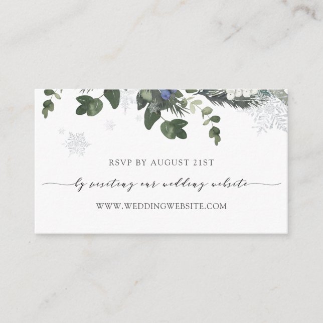 Winter Evergreen Blue Wedding RSVP Online Begleitkarte (Vorderseite)