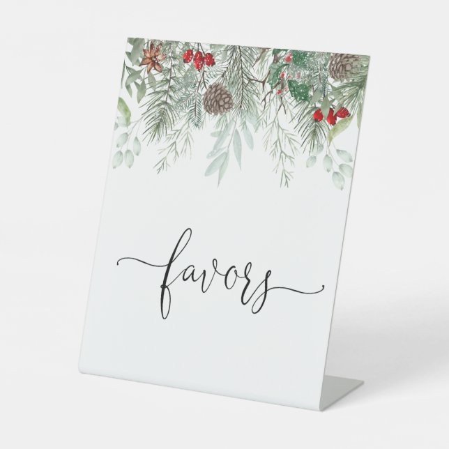 Winter Evergreen Pine Baby Shower Favoriten Sockelschild (Vorderseite)