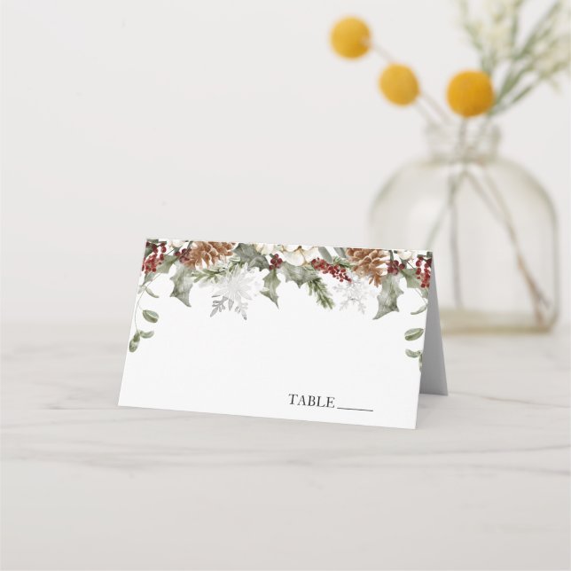 Winter Evergreen Snowflakes Name Platzkarten (Vorderseite)