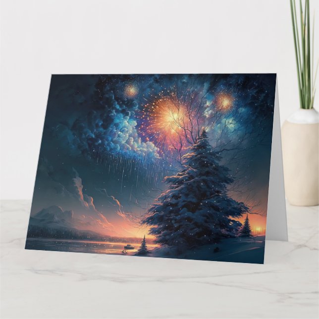 Winter Evergreen Tree & Fireworks Karte (Vorderseite)