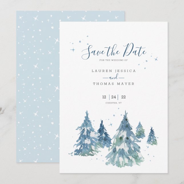 Winter Evergreen Tree Watercolor Wedding Save The Date (Vorne/Hinten)