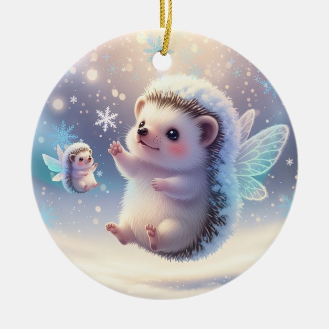 Winter Fairy Hedgehogs  – Cute Snowflake  Keramik Ornament (Vorne)