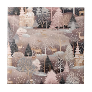 Winter-Fantasieschloss-Landschaft mit rosa Hirsche Fliese