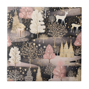 Winter-Fantasieschloss-Landschaft mit rosa Hirsche Fliese