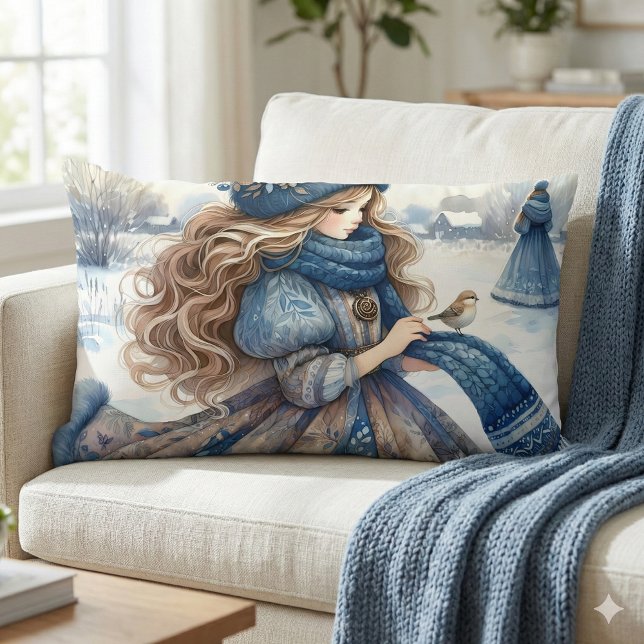Winter Fantasy Prinzessin in einem schneebedeckten Lendenkissen (Winter Fantasy Princess in a Snowy Fairytale Lands Lumbar Pillow Mockup A)