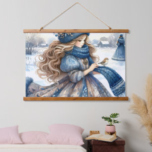 Winter Fantasy Prinzessin in einem schneebedeckten Wandteppich Mit Holzrahmen