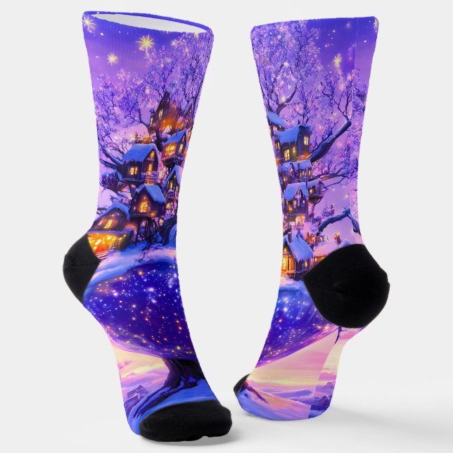 Winter Fantasy Snowy Tree Village Landscape Socken (Gewinkelt)