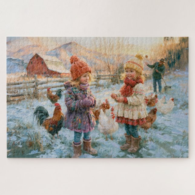 Winter Farm Hühner Kinder Rote Scheune Malerei Puzzle (Horizontal)