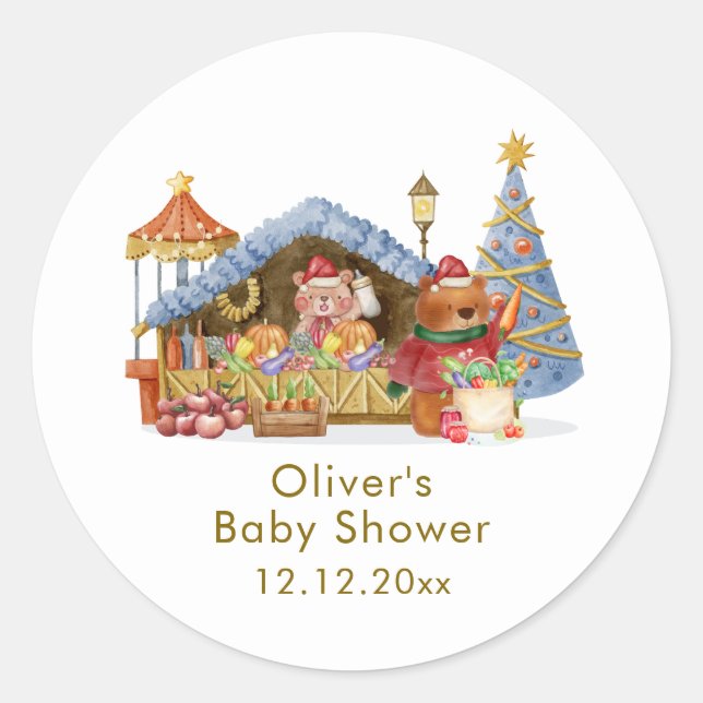 Winter Farmer Market Teddy Bear Baby Shower  Runder Aufkleber (Vorderseite)