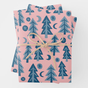 Winter-Feiertags Blau Rosa Bäume Muster Geschenk Geschenkpapier Set
