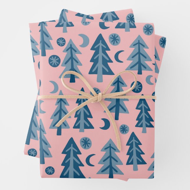 Winter-Feiertags Blau Rosa Bäume Muster Geschenk Geschenkpapier Set (Beispiel)