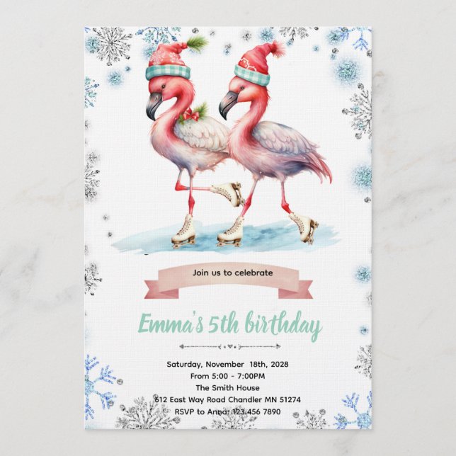 Winter Flamingo Ice Skating invitation Einladung (Vorderseite)