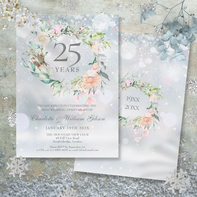 Winter Floral 25. Silver Wedding Jubiläum Einladung (Winter Floral 25th Silver Wedding Anniversary Invitation)