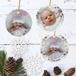 Winter Floral Baby's First Christmas Foto Keramik Ornament<br><div class="desc">Das erste Weihnachtsschmuck des süßen Babys wurde im winterlichen Blumenlook gefertigt. Die Vorderseite ist für das Foto Ihres Babys bereit,  und der schwarze Skripttext auf der Rückseite ist bereit zu personalisieren. Eine schöne Art,  die ersten Weihnachten Ihres Kindes zu gedenken,  und eine tolle Geschenkidee für die großen Eltern.</div>