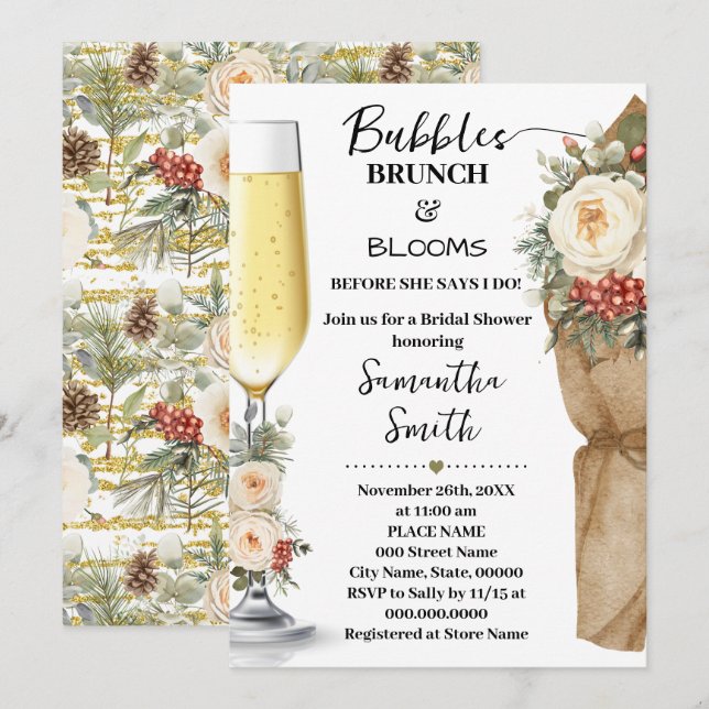 Winter Floral Bubbles Brunch & Bloom Bridal Shower Einladung (Vorne/Hinten)