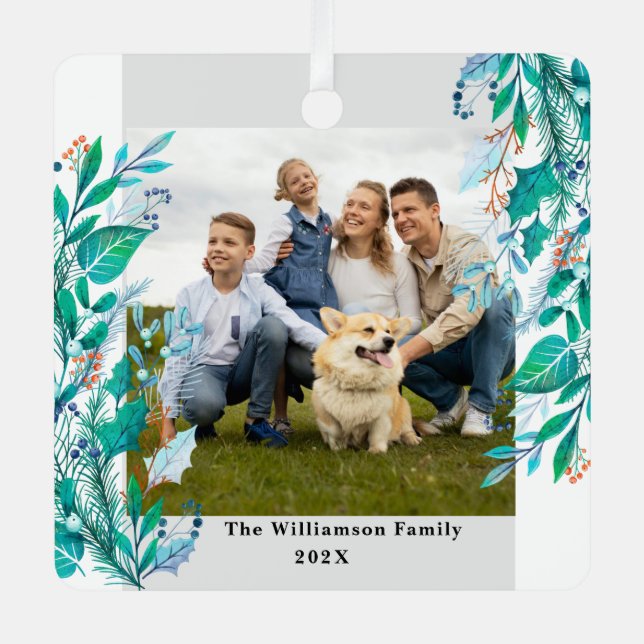 Winter Floral Custom Foto Weihnachtsthema Ornament Aus Metall (Vorderseite)